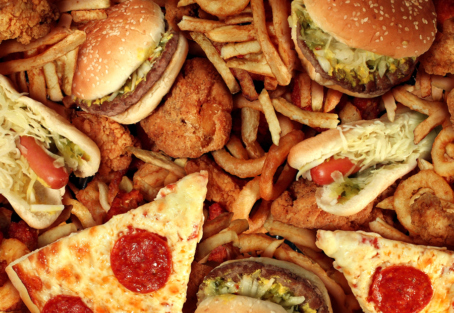 Fries, pizza, sausages and burgers.
