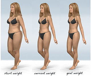 Three photos of the same woman, one showing the start weight, another showing the current weight and the last showing the goal weight.