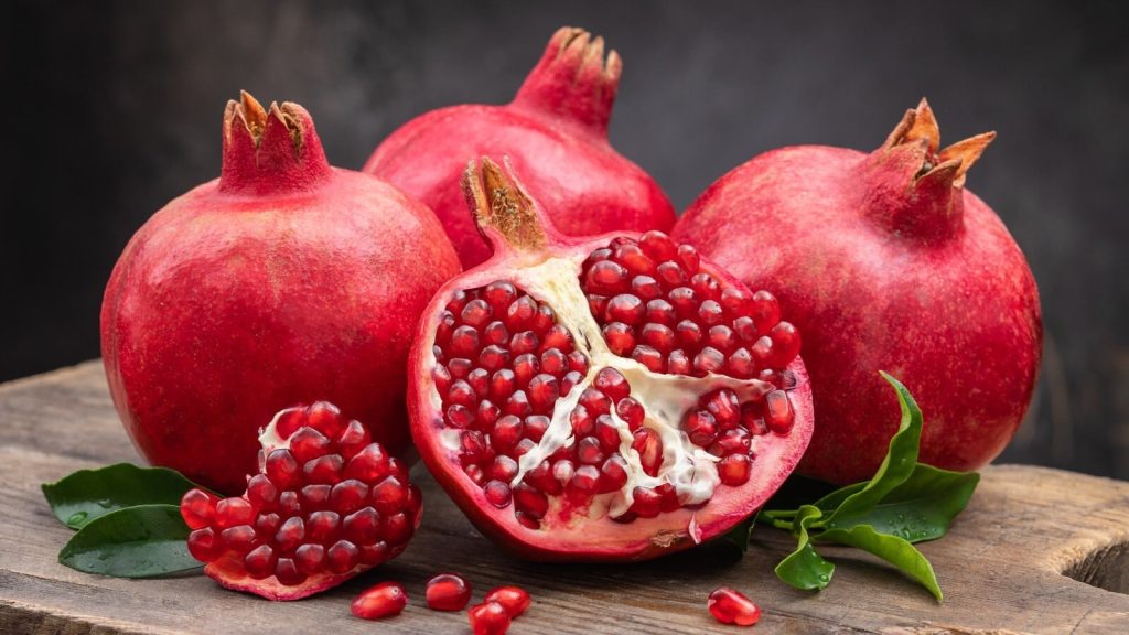 Pomegranates showing the insides and outsides